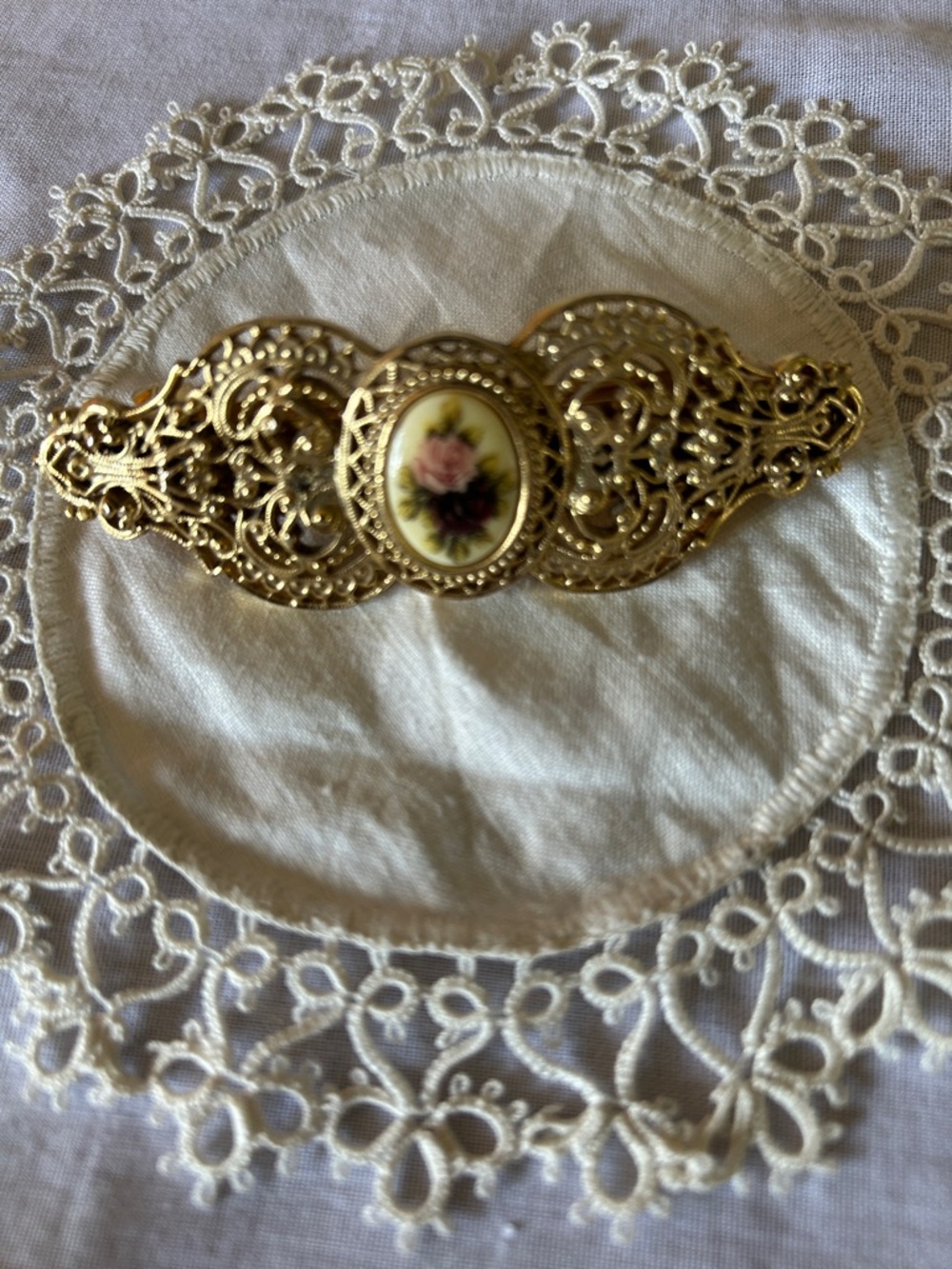 Gold-Tone Filigree Hair Brooch with Pink Floral Porcelain Cameo